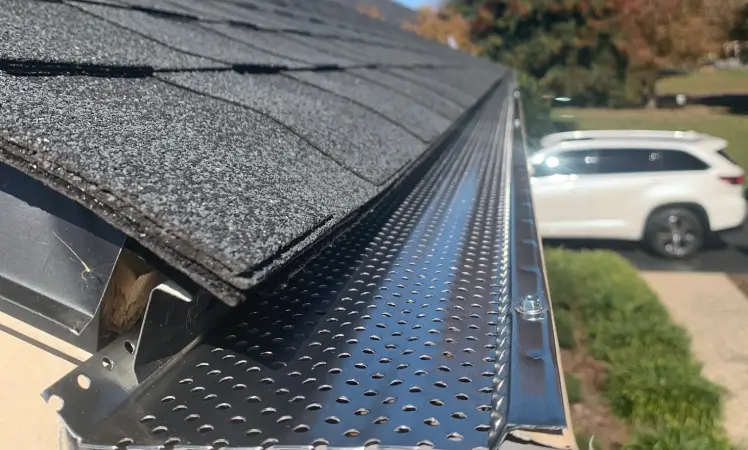 Close-up of gutter guard during roof inspection