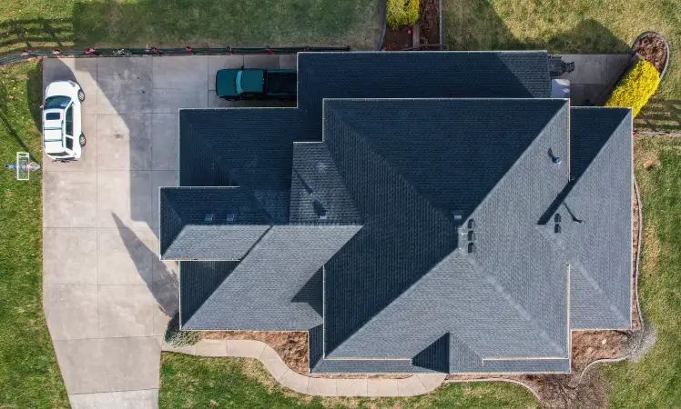 Residential roofing, aerial drone