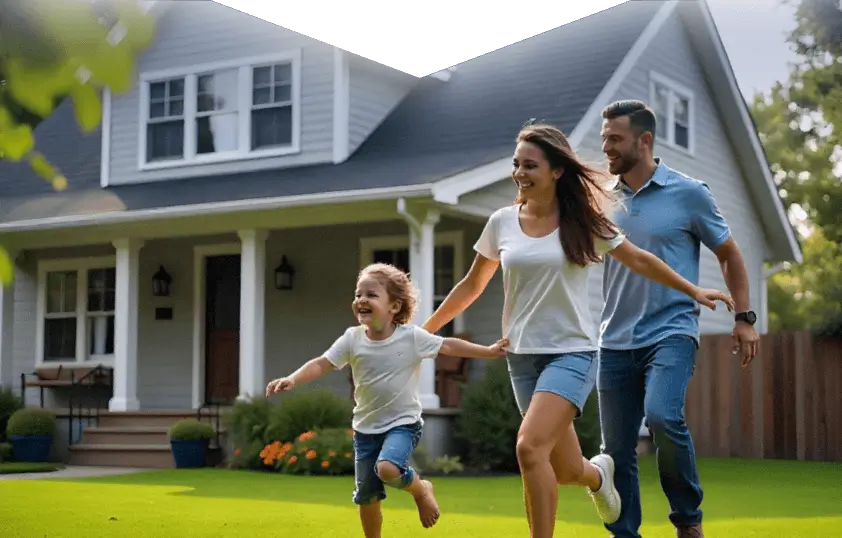 A happy family running in front of their home, sidebar coverage map