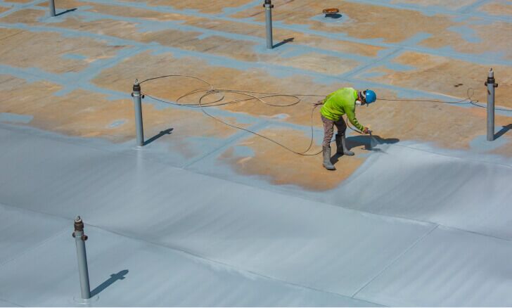 A commercial roof coating being applied to a commercial roof