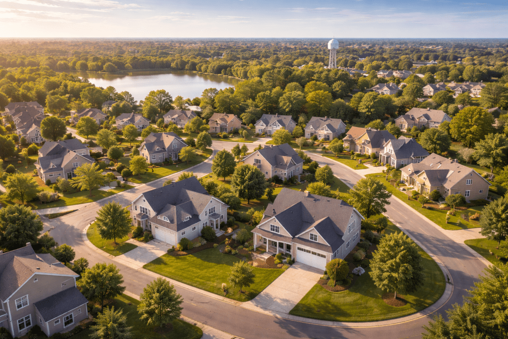 An overview of a Bloomington neighborhood with roofs installed by the best roofing companies in the area