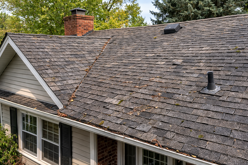 An older-looking residential roof in reference to the question "How long does a roof last?"